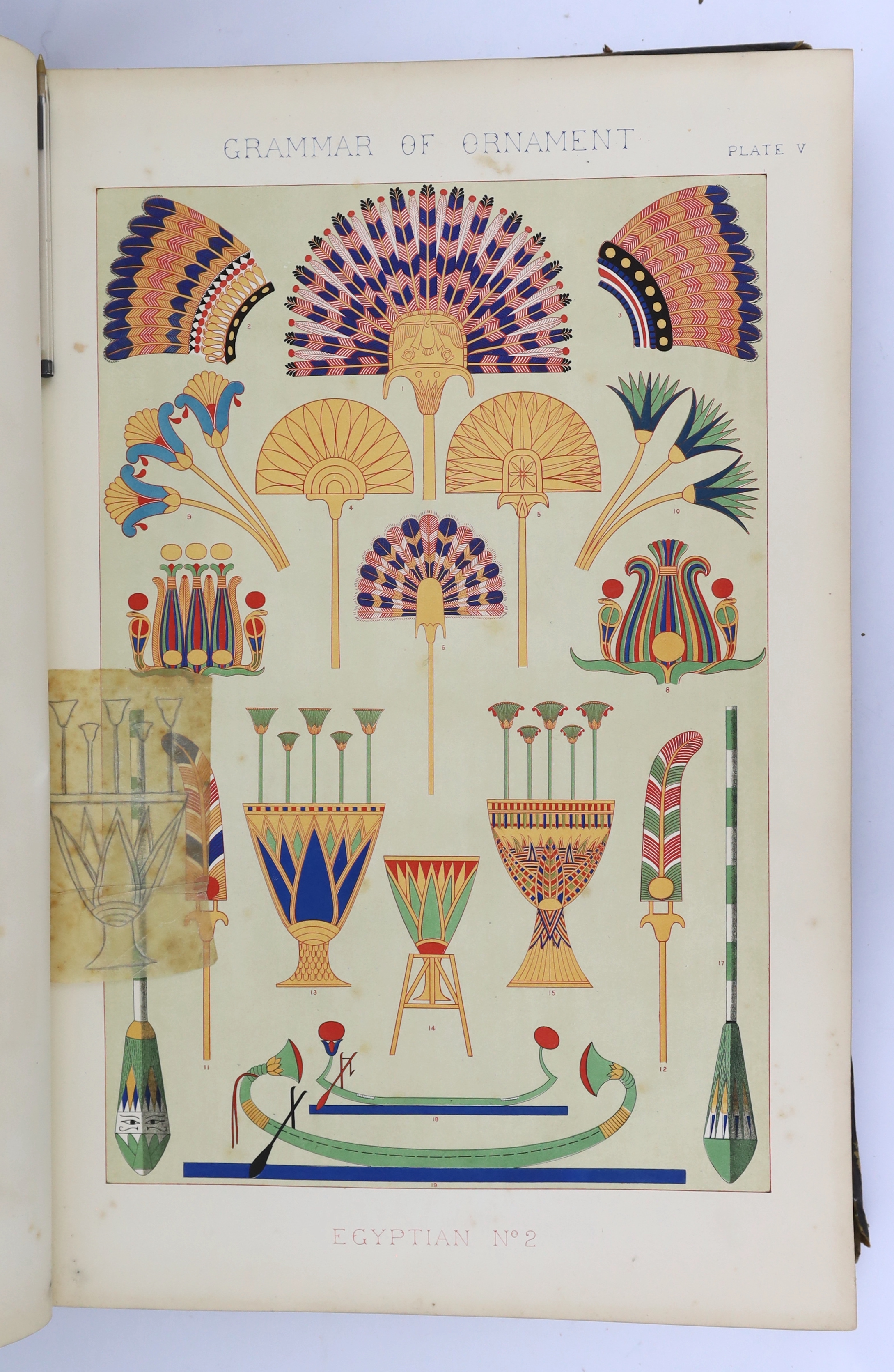 Owen Jones - Grammar of Ornament. Illustrated by Examples of Various Styles of Ornament, one hundred folio plates, drawn on stone by F. Bedford and printed in colours by Day and Son, First Edition. pictorial title (in go